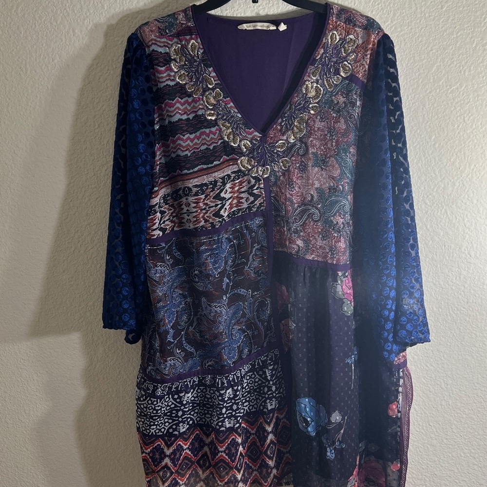 Soft Surroundings Patchwork Floral V-Neck Blouse in Purple and Blue - Picture 6 of 11